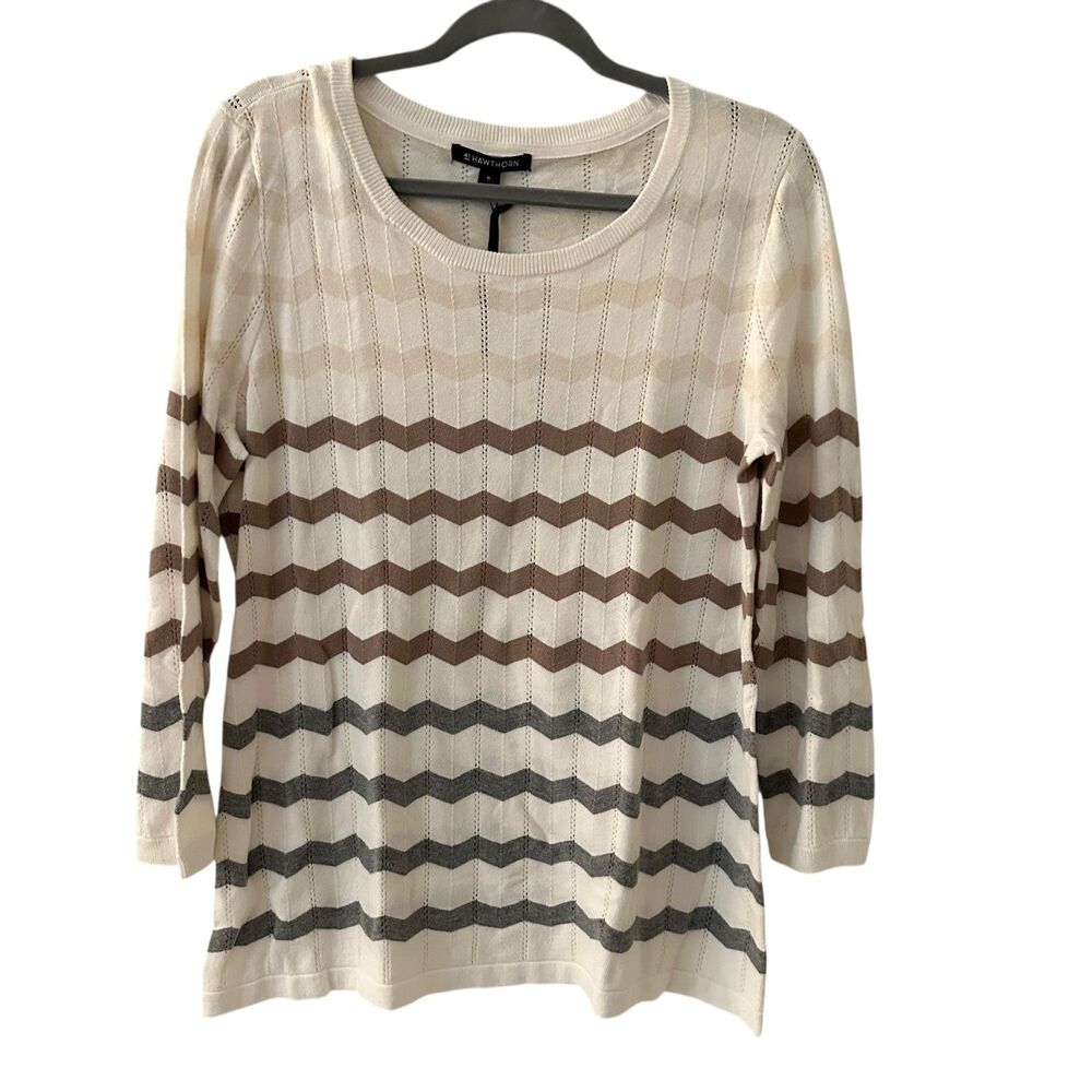 41 Hawthorne White Zig Zag Striped Scoop‎ Neck 3/4 Sleeve Sweater Size XL NWT